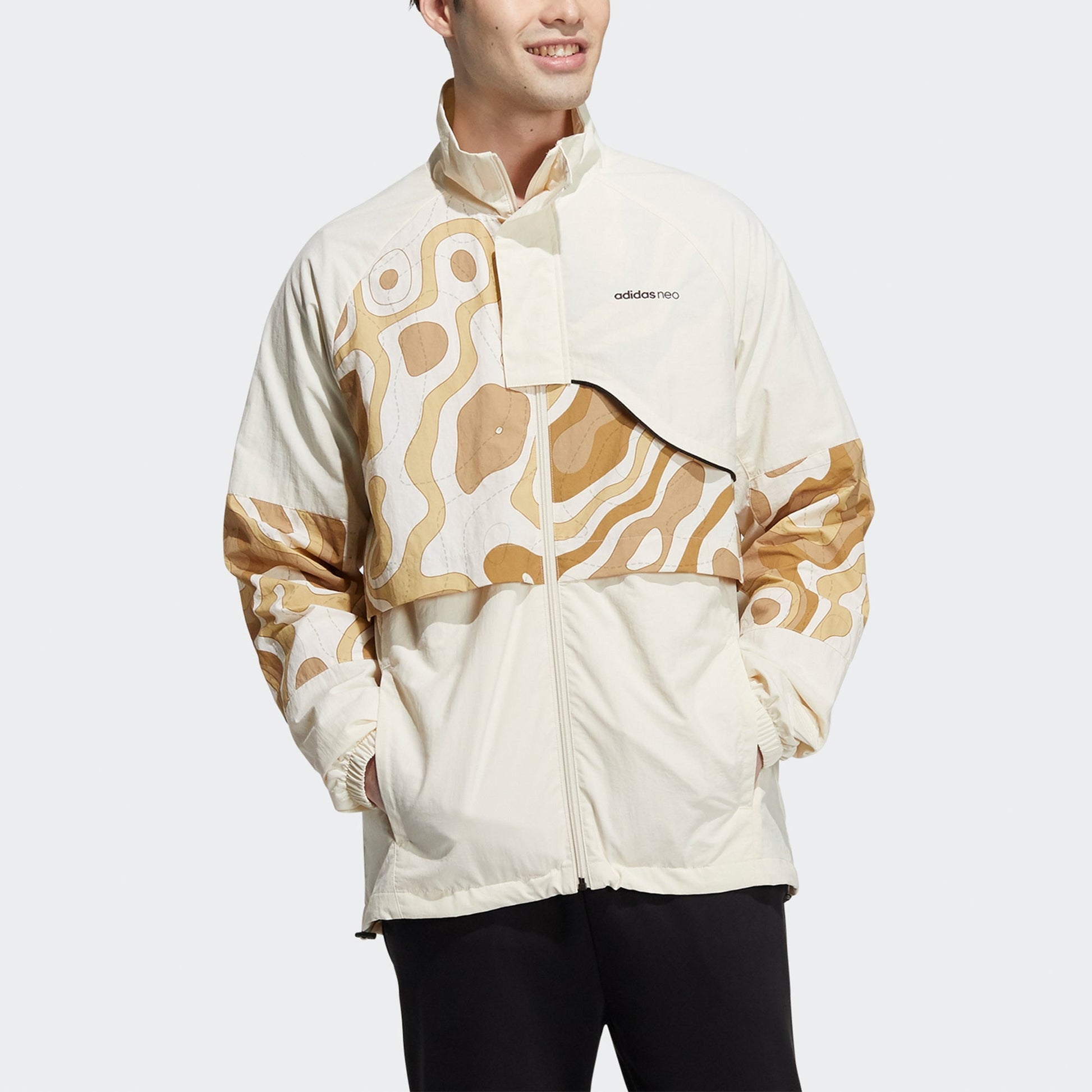 Men's adidas neo Cg Jk2 Contrast Color Stitching Sports Stand Collar Logo Jacket Creamy White HE7945
