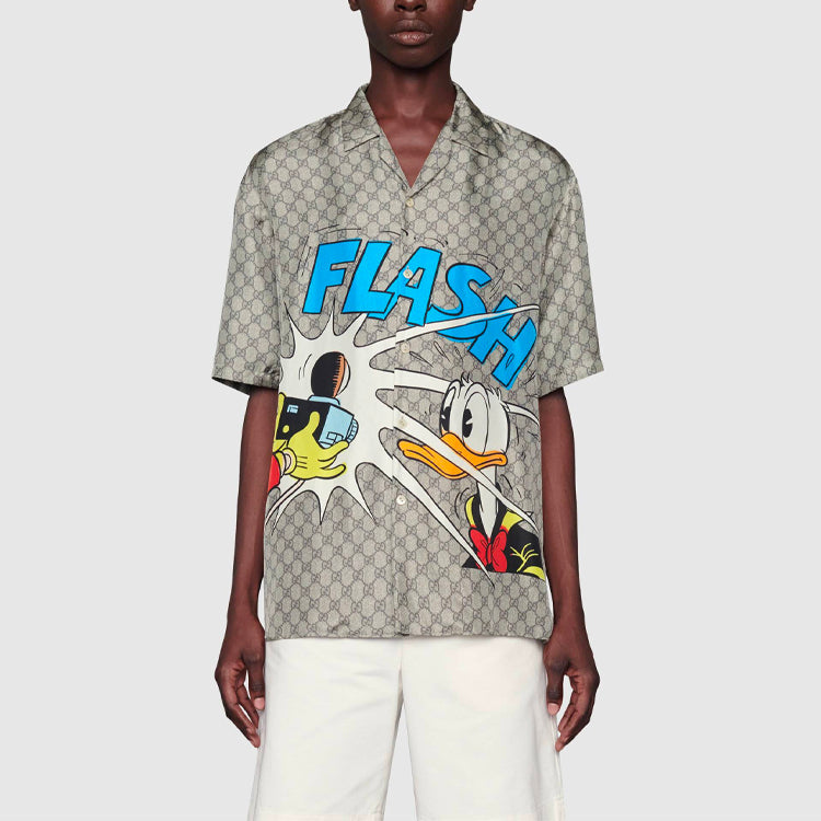 Gucci x Disney SS21 Donald Duck Print Silk Short Sleeve Shirt For Men Camel 646446-ZAGCN-2165