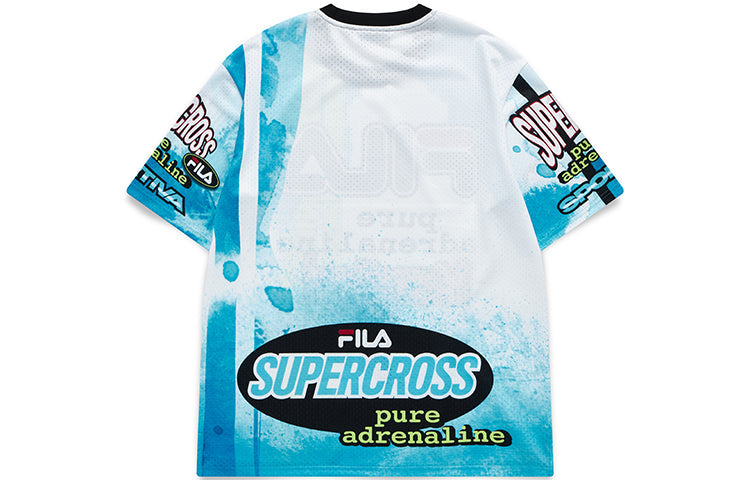 Men's FILA FUSION Full Print Alphabet Pattern Loose Knit Short Sleeve Blue T-Shirt T11M123105F-RB