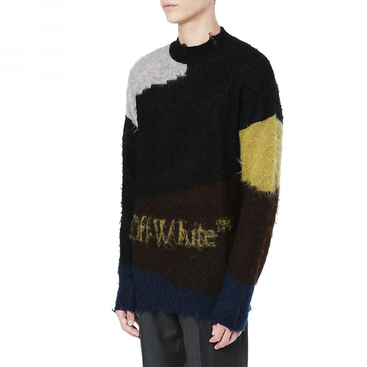 Men's Off-White Contrasting Colors Round Neck Long Sleeves Wool Sweater Black OFWKNOD6210MFGYX