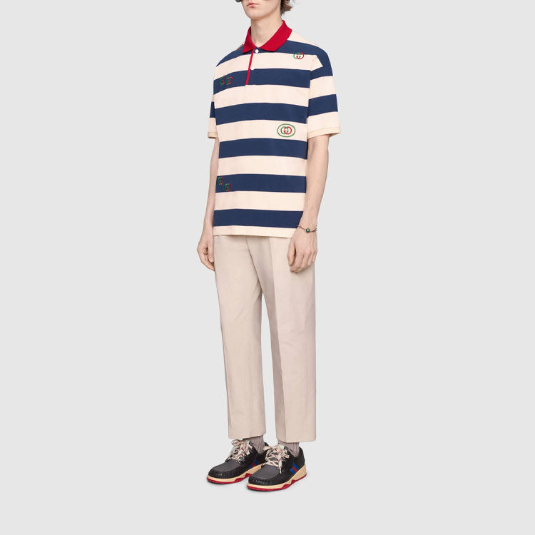 Gucci SS21 Embroidered Stripe Knit Short Sleeve Polo Shirt Blue 581976-XJA6H-4594