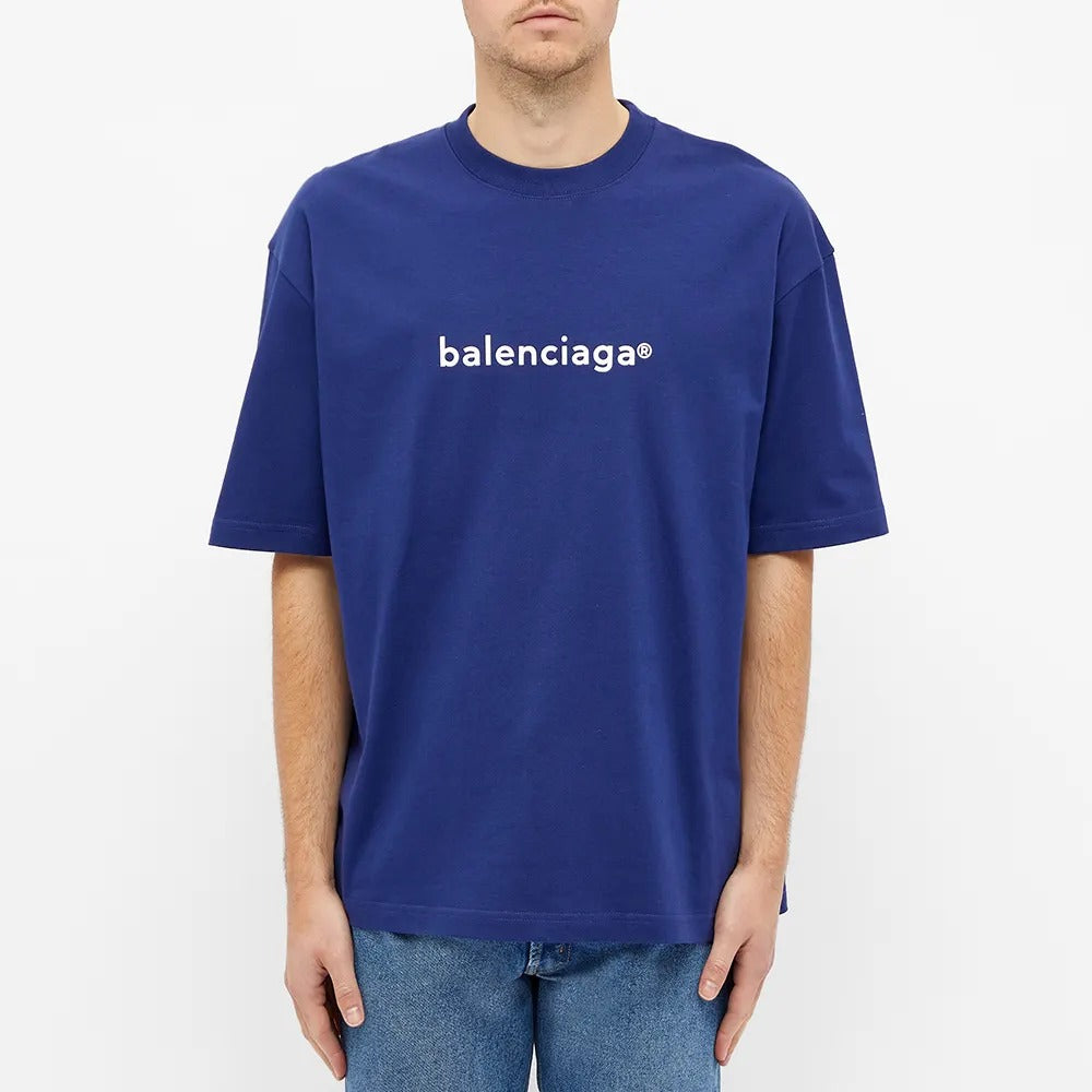 Men's Balenciaga Logo Alphabet Short Sleeve Blue 612966TIV541195