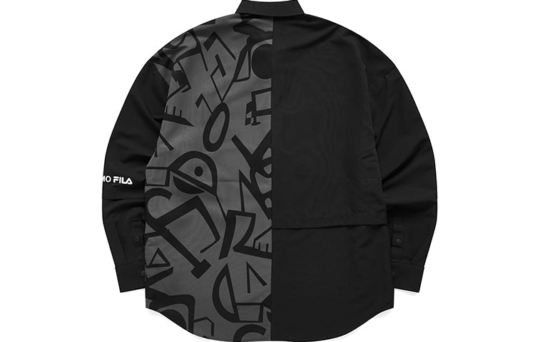 Men's FILA FUSION Character Printing Contrasting Colors Casual Loose Long Sleeves Dark Black Shirt T11M121702F-BK