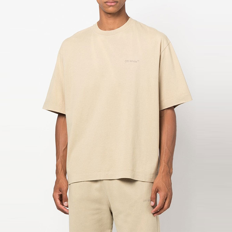 Men's Off-White Stripe Round Neck Short Sleeve Beige T-Shirt OMAA120F22JER0011717
