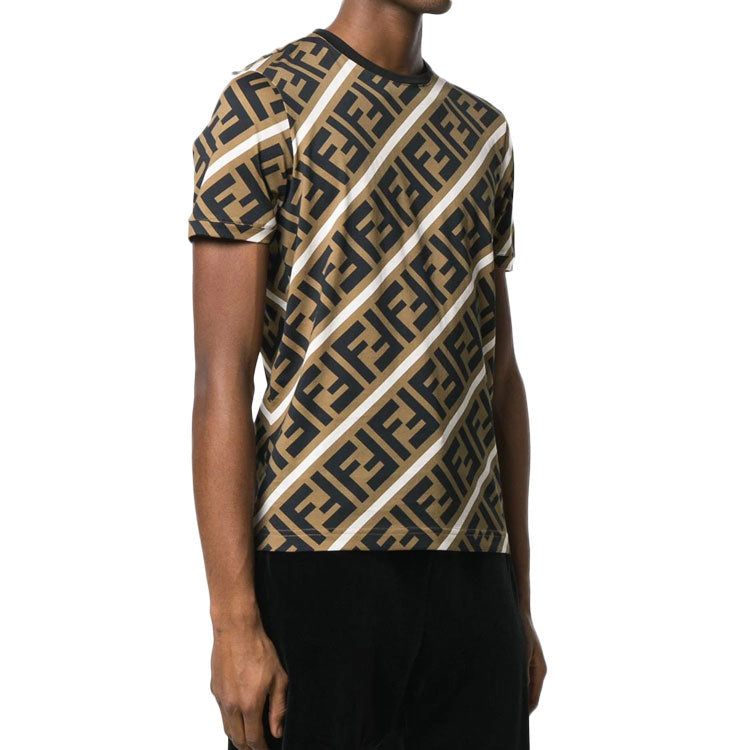 Men's FENDI SS21 FF Pattern Colorblock Printing Short Sleeve Brown T-Shirt FY0894A7A8F13J3