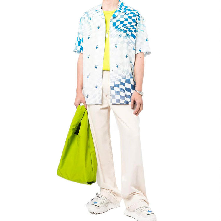 Men's Off-White Logo Printing Short Sleeve Blue Shirt OMGA163G21FAB0080145