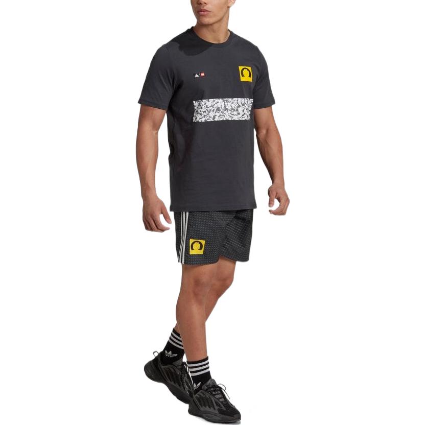 Men's adidas LEGO Soccer/Football Logo Printing Short Sleeve Carbon Black T-Shirt HG1992