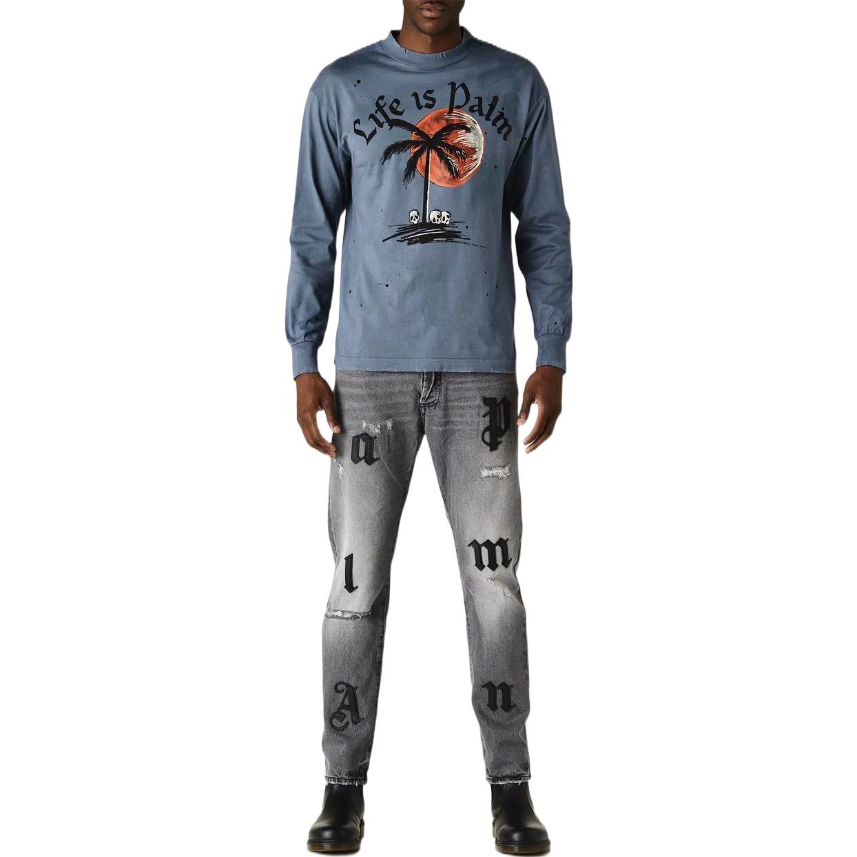 Palm Angels Long Sleeve Sunset Palm Garment Dyed T-Shirt 'Indigo Black' PMAB002F22JER0034910