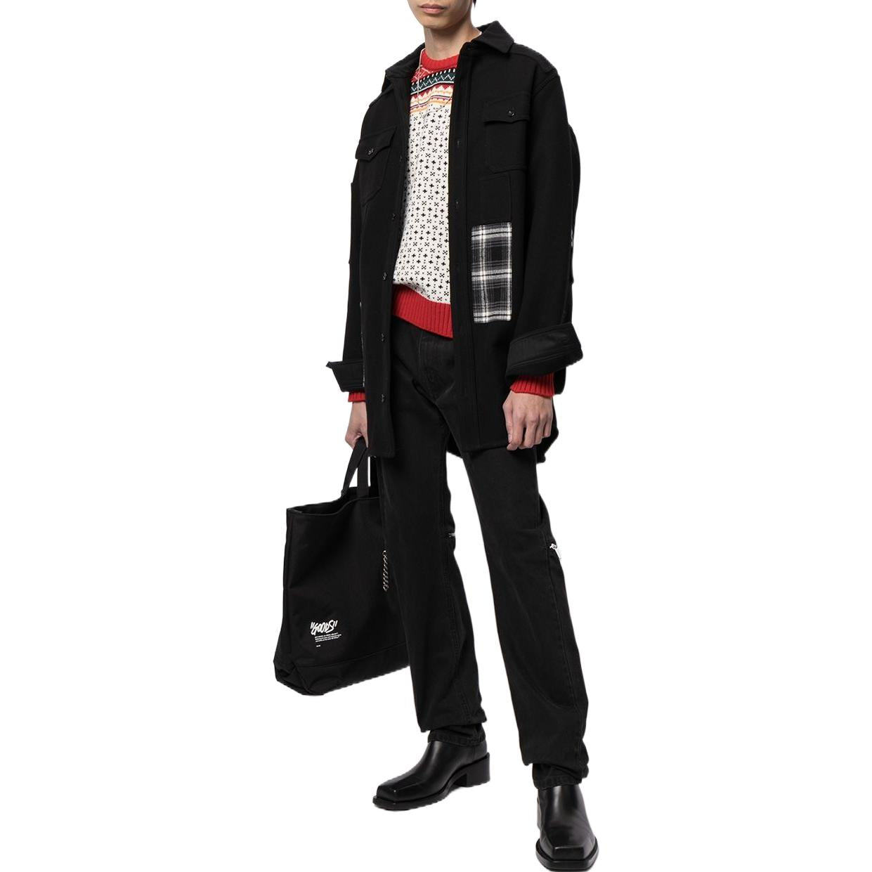 Men's Off-White SS22 Version Logo Printing Plaid Pocket Lapel Jacket Black OMEA227E20FAB0011001