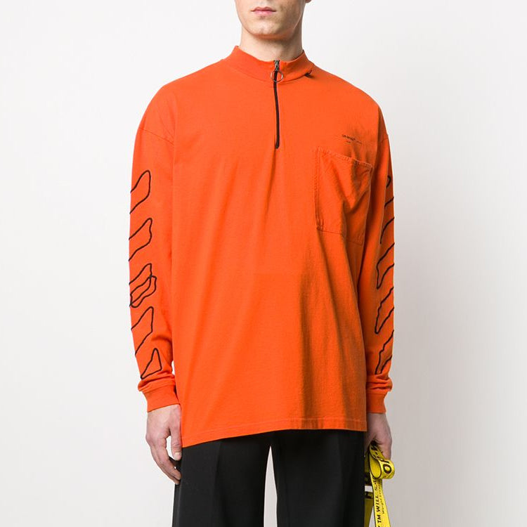 Men's Off-White Abstract Logo Printing Half Zipper Round Neck Loose Fit Orange OMAB031F191850111910