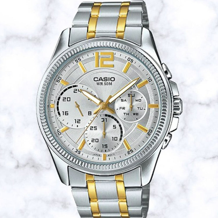 Men's CASIO Waterproof Quartz Three Eyes Dial 42mm Stainless Steel Strap Watch Mens White Analog MTP-E305SG-9AVDF