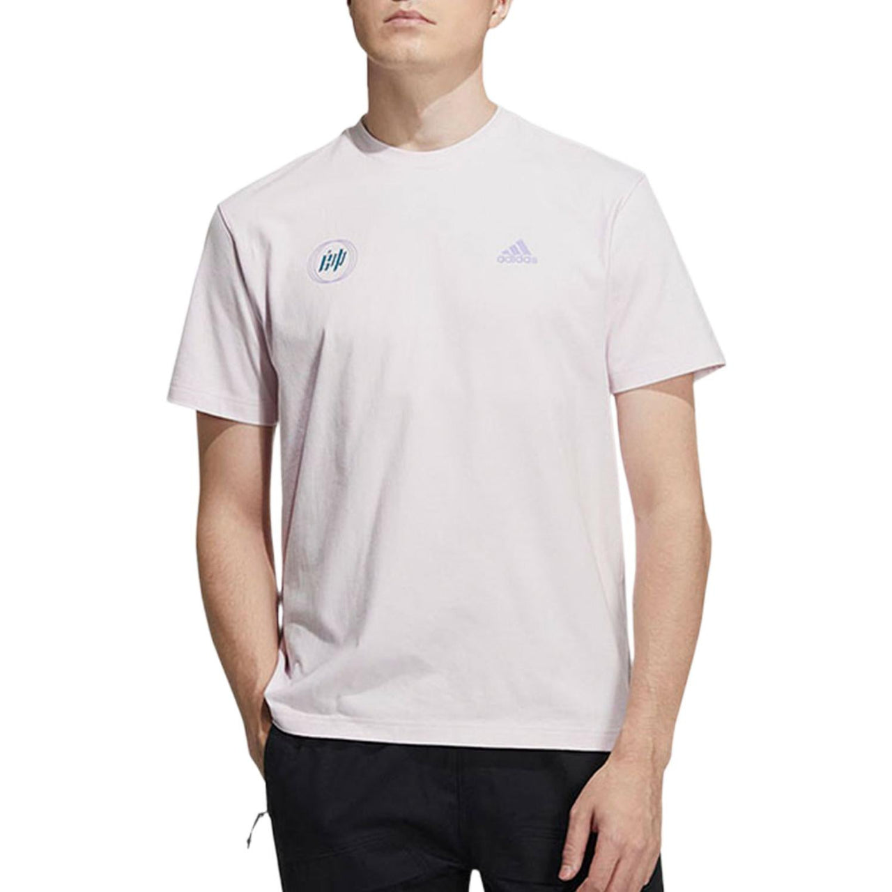 Men's adidas Solid Color Logo Round Neck Short Sleeve Pink T-Shirt HI3282
