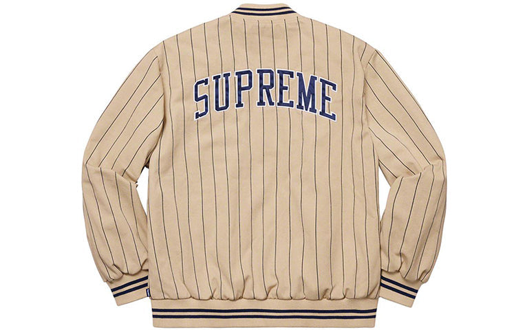 Supreme SS19 Pinstripe Varsity Jacket Stripe Round Neck Unisex Khaki SUP-SS19-975