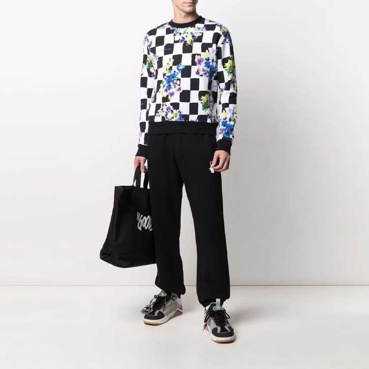 Off-White FW21 Flowers Printing Plaid Round Neck Pullover Version Black OMBA025S21FLE0188400