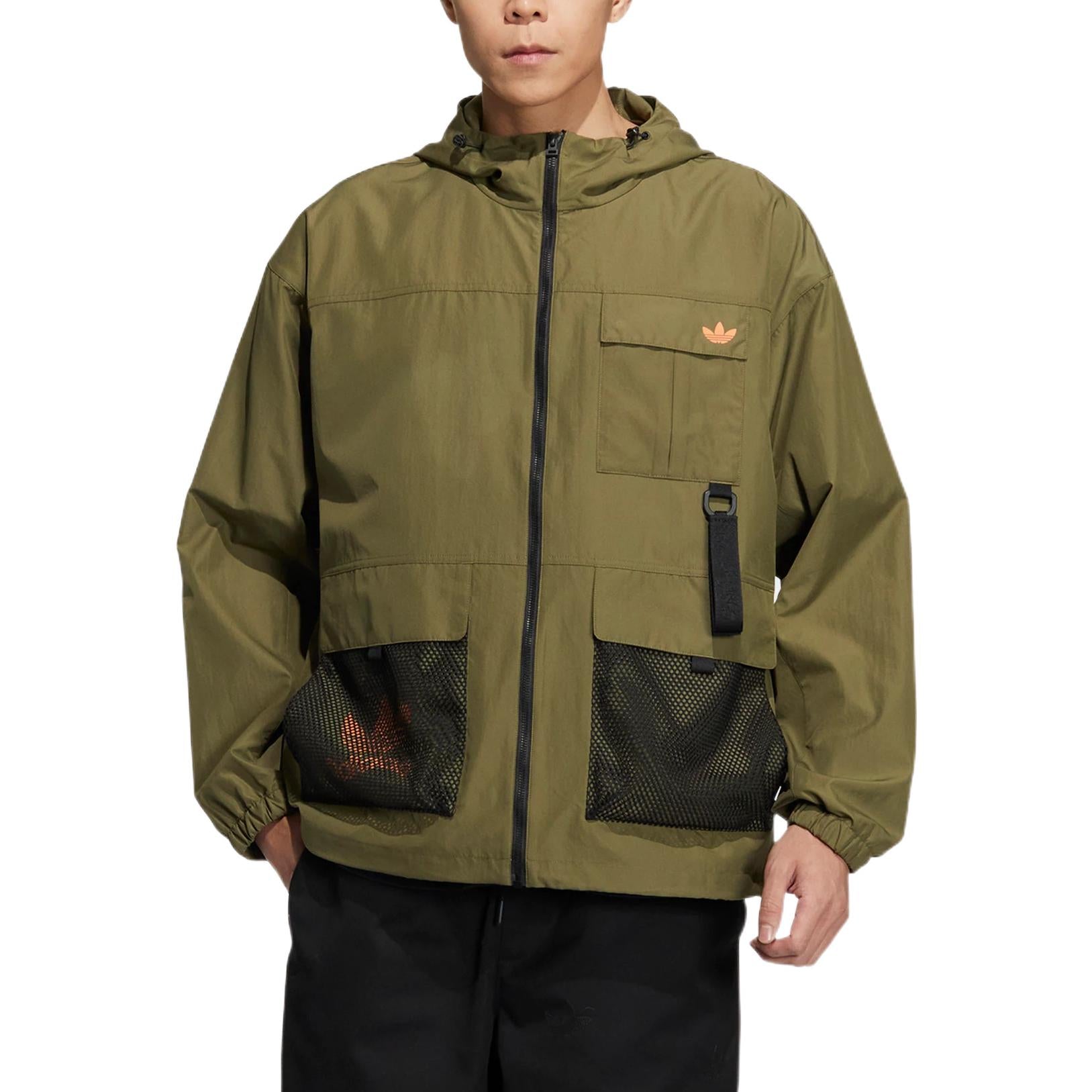 Men's adidas original Logo Printing Pattern Zipper Hooded Jacket Military Green HS1909