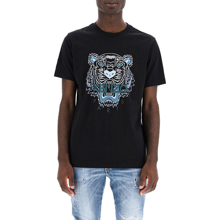 Men's KENZO SS21 Tiger Head Pattern Short Sleeve Round Neck Black T-Shirt FA2TS9124YE-99A