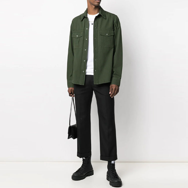 Off-White Logo Printing Solid Color Long Sleeves Shirt Version Green OMGA169S21FAB0025710