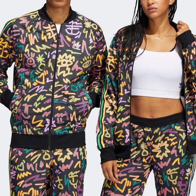 adidas originals Full Print Geometry Pattern Stripe Baseball Collar Long Sleeves Jacket Japanese version Black HC3088