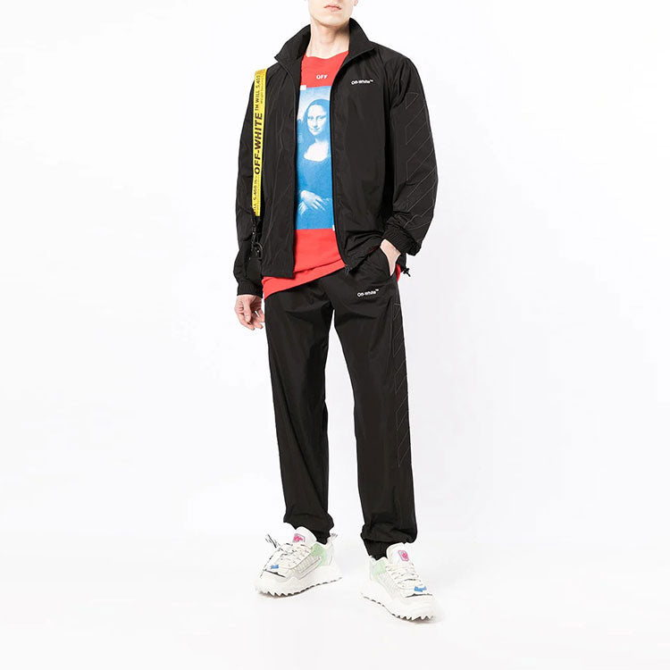 Men's Off-White SS22 Logo Printing Diagonal Stripes Bundle Feet Sports Pants/Trousers/Joggers Black OMCJ015C99FAB0011010