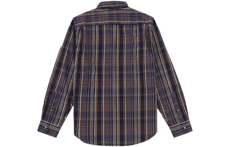 Men's Levis lapel Loose Plaid Long Sleeves Shirt Brown Blue 21256-0002