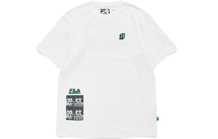 Men's FILA FUSION Subject Pattern Printing Knit Loose Sports Short Sleeve White T11M132106F-WT