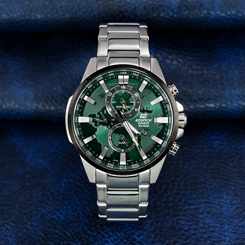 Men's CASIO Edifice World Map Series Fashion Business Stylish Metallic Strap Green Watch Mens Analog EFR-303DB-3AVUPR