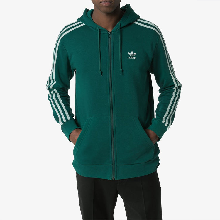 adidas originals Solid Color Stripe Zipper Hooded Track Jacket Green EK0258