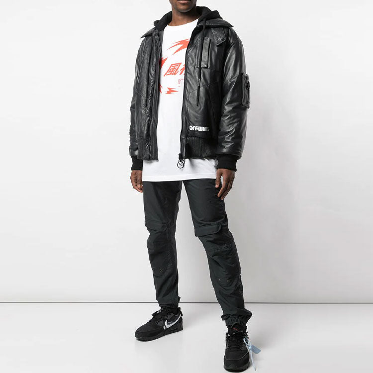 Men's Off-White Logo Printing Pattern Leather Aviator Jacket Black OMJA027E199830140801