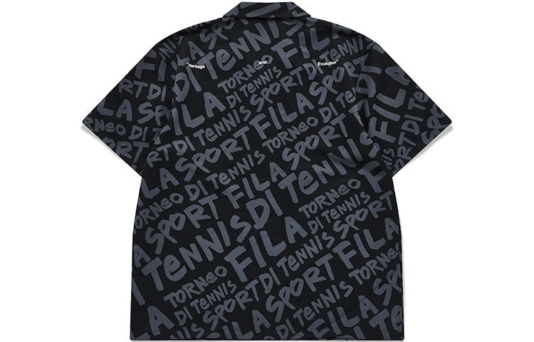 Men's FILA FUSION Casual Breathable Loose Woven Short Sleeve Shirt Black Gray T11M121402A-BK