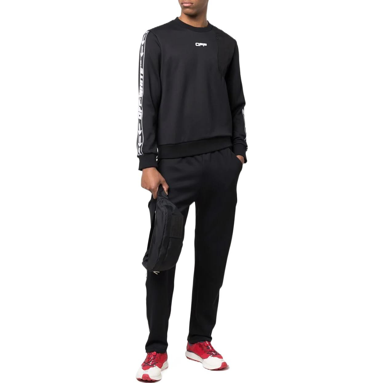 Men's Off-White FW22 Asymmetric Splicing Logo Webbing Round Neck Long Sleeves Black OMVD003C99FAB0011001