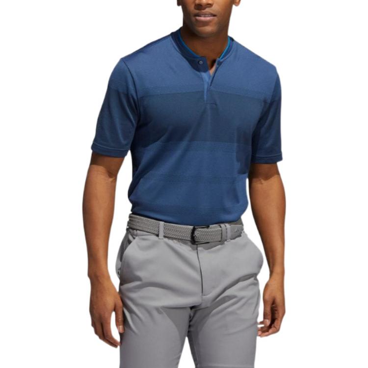 Men's adidas Solid Color Stand Collar Pullover Short Sleeve Navy Blue Polo Shirt H61757