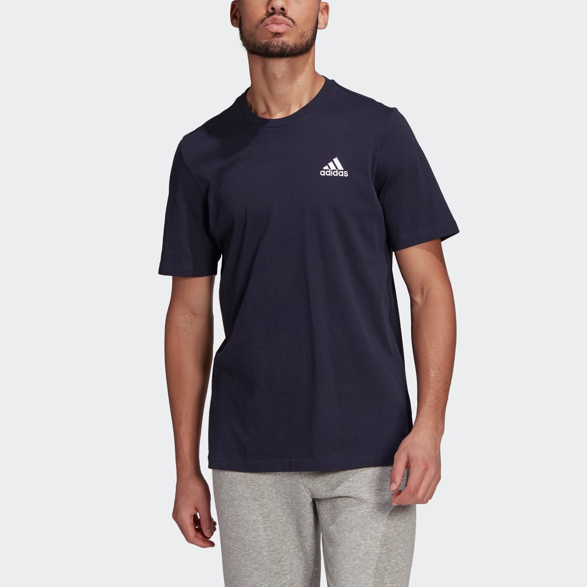 adidas Essentials Embroidered Logo Sports Round Neck Short Sleeve Navy Blue GK9649