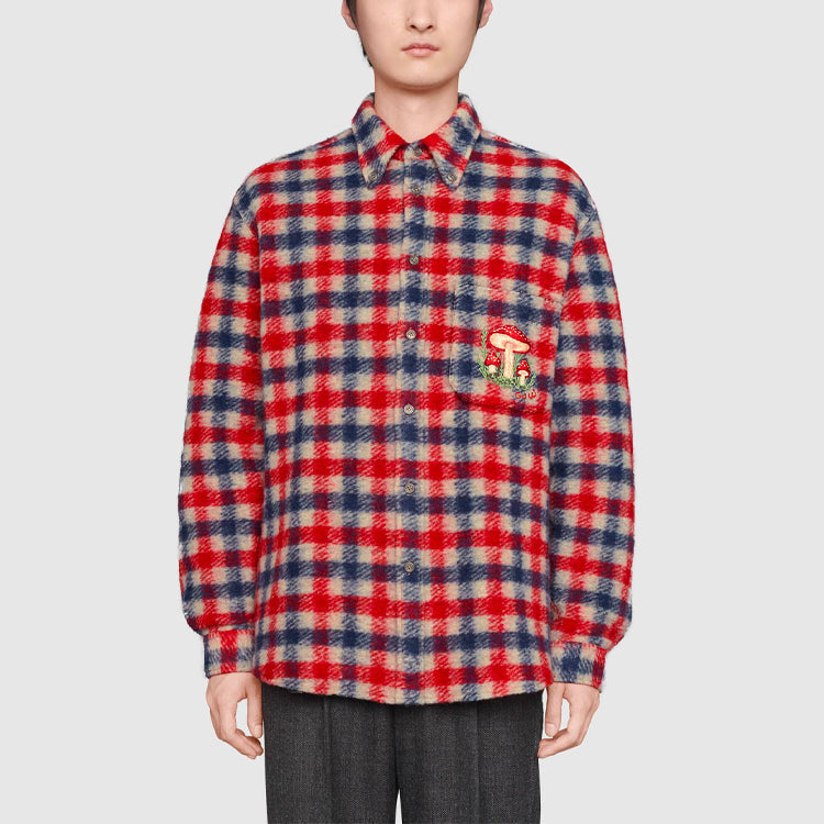 Gucci Checked Wool Shirt With Mushrooms 'Red Blue' 636405-ZAFK3-9038