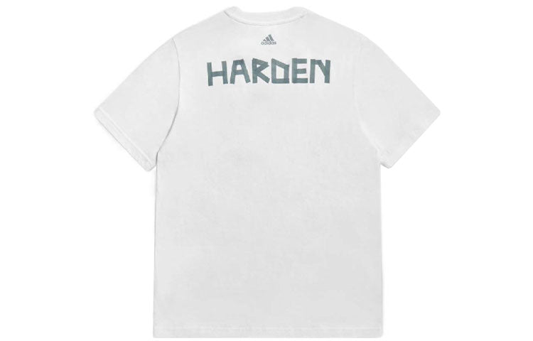 Men's adidas James Harden Character Painting Alphabet Printing Round Neck Casual Short Sleeve White T-Shirt HE0468