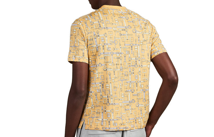 Men's HERMES Labyrinthe Equestre Full Print Pattern Printing Round Neck Short Sleeve Yellow H037735-HA1Q