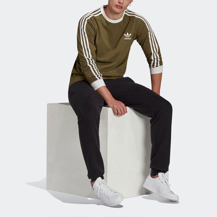 Men's adidas originals Classic 3 Stripe Long Sleeves Olive T-Shirt H37779