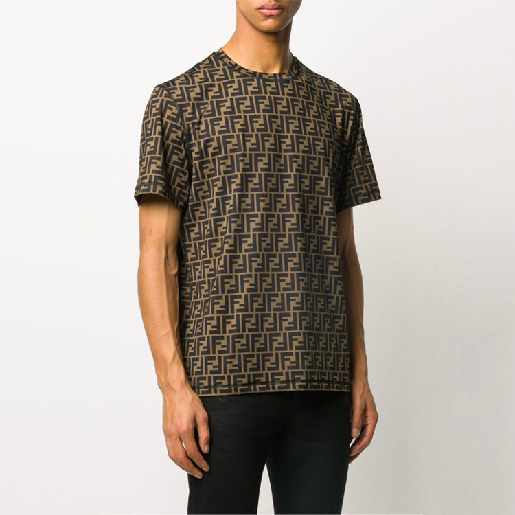 Men's FENDI Logo Printing Round Neck Short Sleeve Brown T-Shirt FAF555AAA9F13IZ