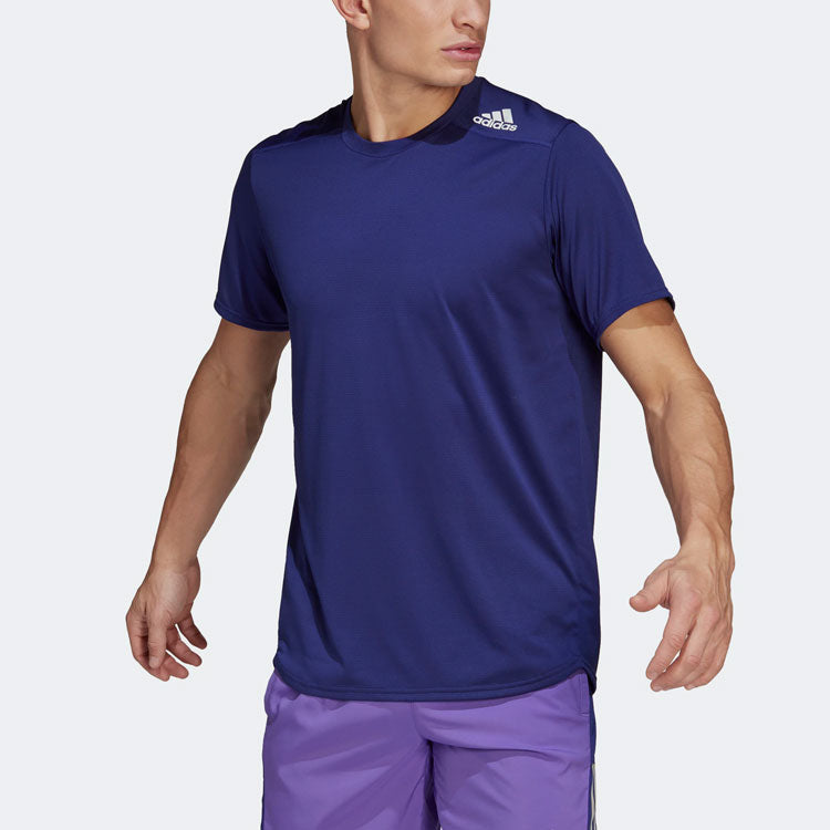 Men's adidas Solid Color Logo Running Sports Short Sleeve Indigo T-Shirt HC9831