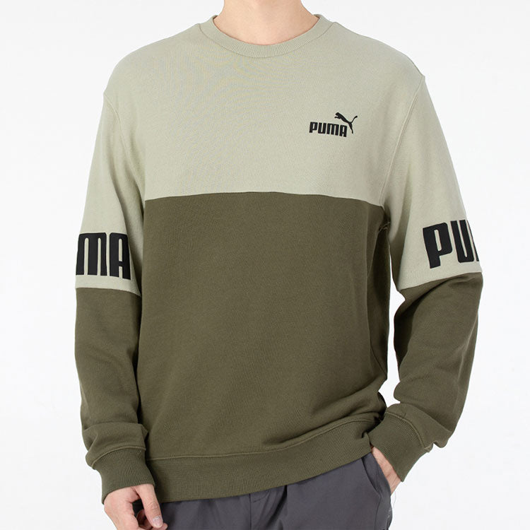 PUMA Power Logo Printing Colorblock Sports Round Neck Pullover Green 670935-32