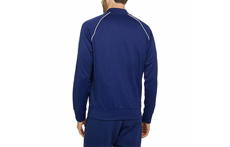 Men's adidas originals Stripe Zipper Stand Collar raglan sleeve Sports Jacket Blue H06710
