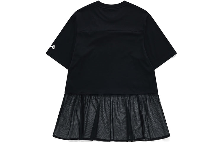 FILA FUSION Logo Printing Mesh Splicing Loose Short Sleeve Dark Black T-Shirt T11W135101F-BK