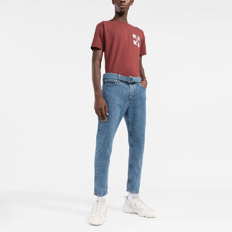 Men's Off-White SS22 Logo Printing Round Neck Short Sleeve Version Brick Red T-Shirt OMAA027F22JER0032801