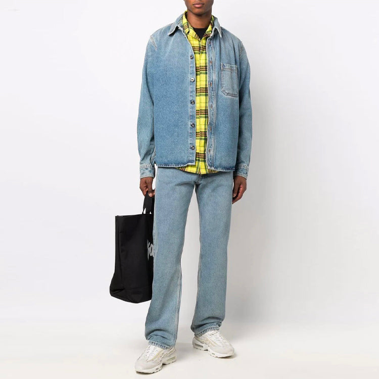 Men's Off-White FW21 Casual Distress Denim Long Sleeves Loose Fit Blue Shirt OMYD030F21DEN0014101