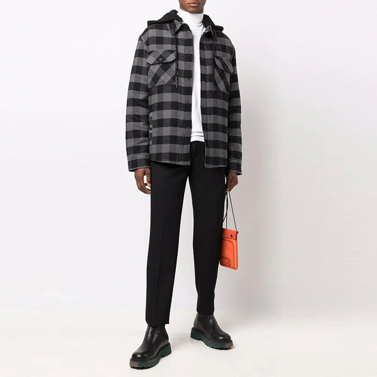 Off-White FW21 Plaid hooded Long Sleeves Shirt Loose Fit Black OMEA236F21FAB0010505