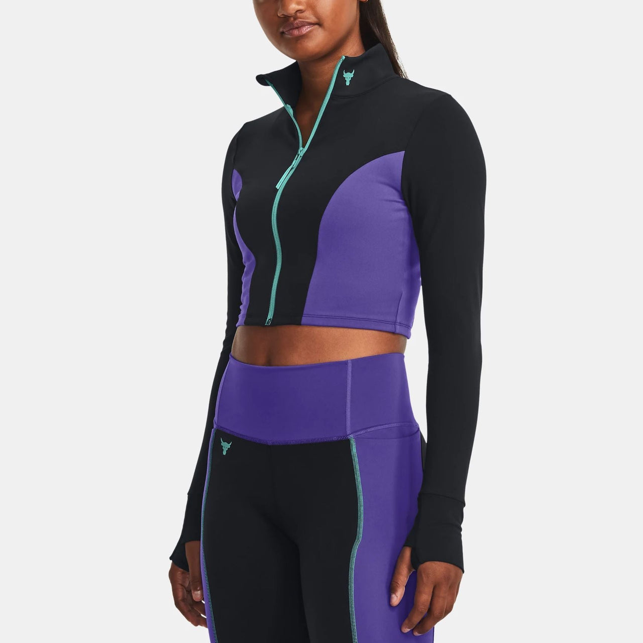 (WMNS) Under Armour Project Rock LetsGo Crop Full Zip T-shirt 'Black Purple' 1380194-001