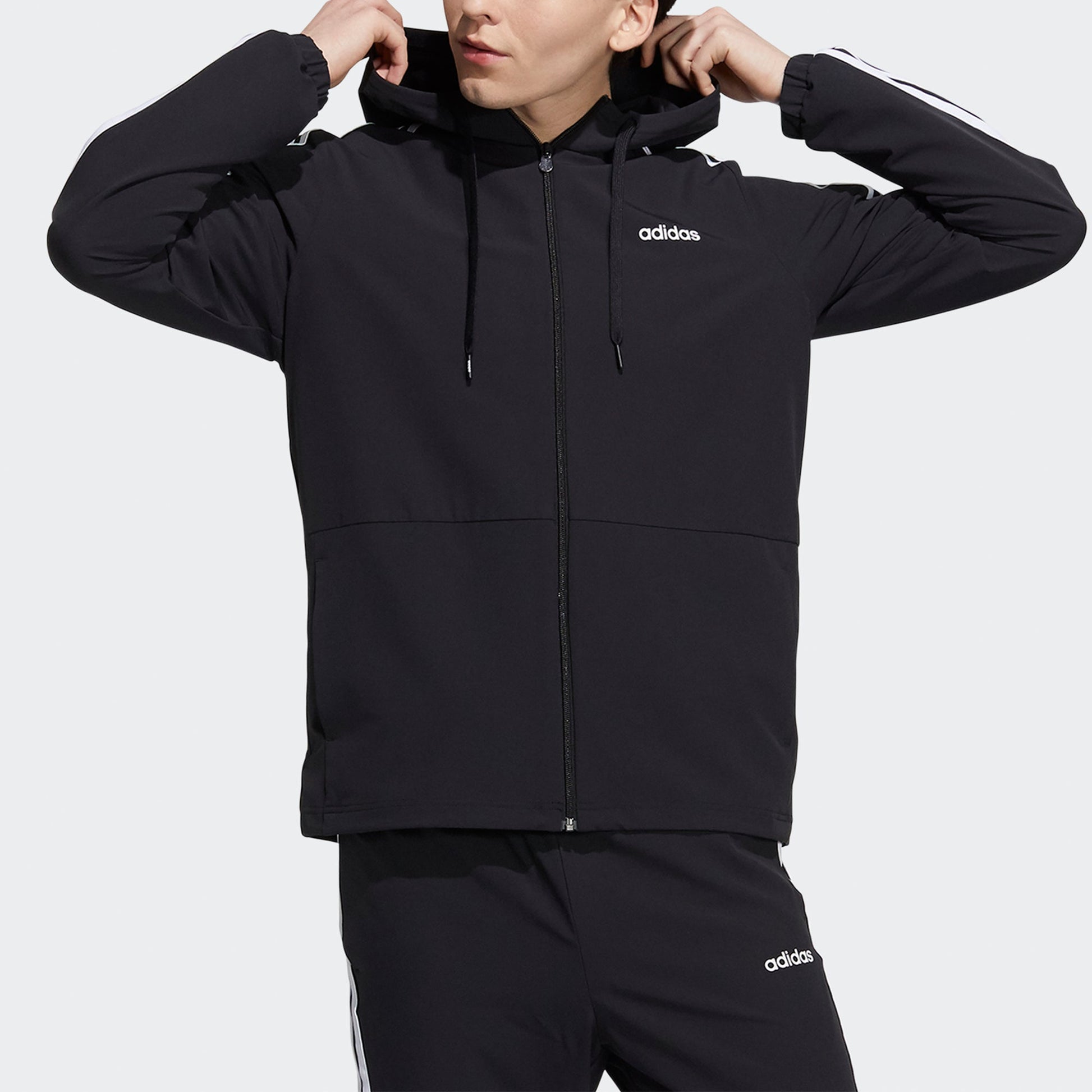 Men's adidas neo Ce 3s Wndbrk Casual Sports Stripe Hooded Jacket Black H14196
