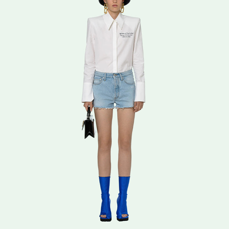 (WMNS) Off-White Logo Washed Denim Shorts Ordinary Version Blue OWYC002R21DEN0014000