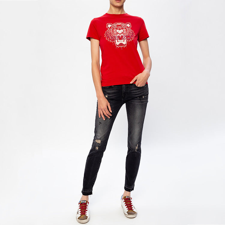 KENZO Tiger Head Printing Pattern Round Neck Short Sleeve Red FA62TS8464YB-22