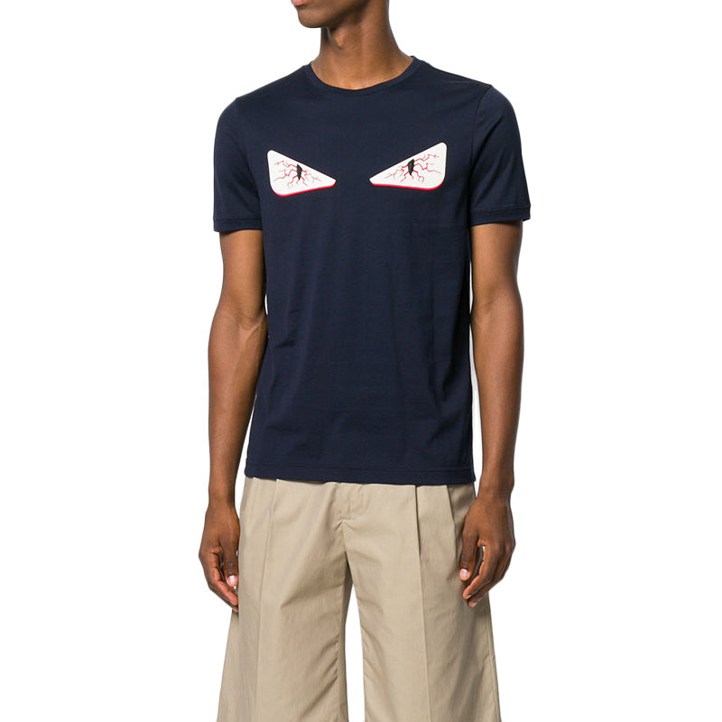 Men's FENDI SS21 Solid Color Brand Printing Round Neck Short Sleeve Navy Blue T-Shirt FY0894A28JF123Z