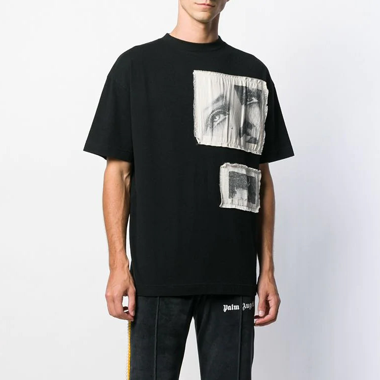 Men's PALM ANGELS Black White Printing Short Sleeve Black PMAA001F194130301088